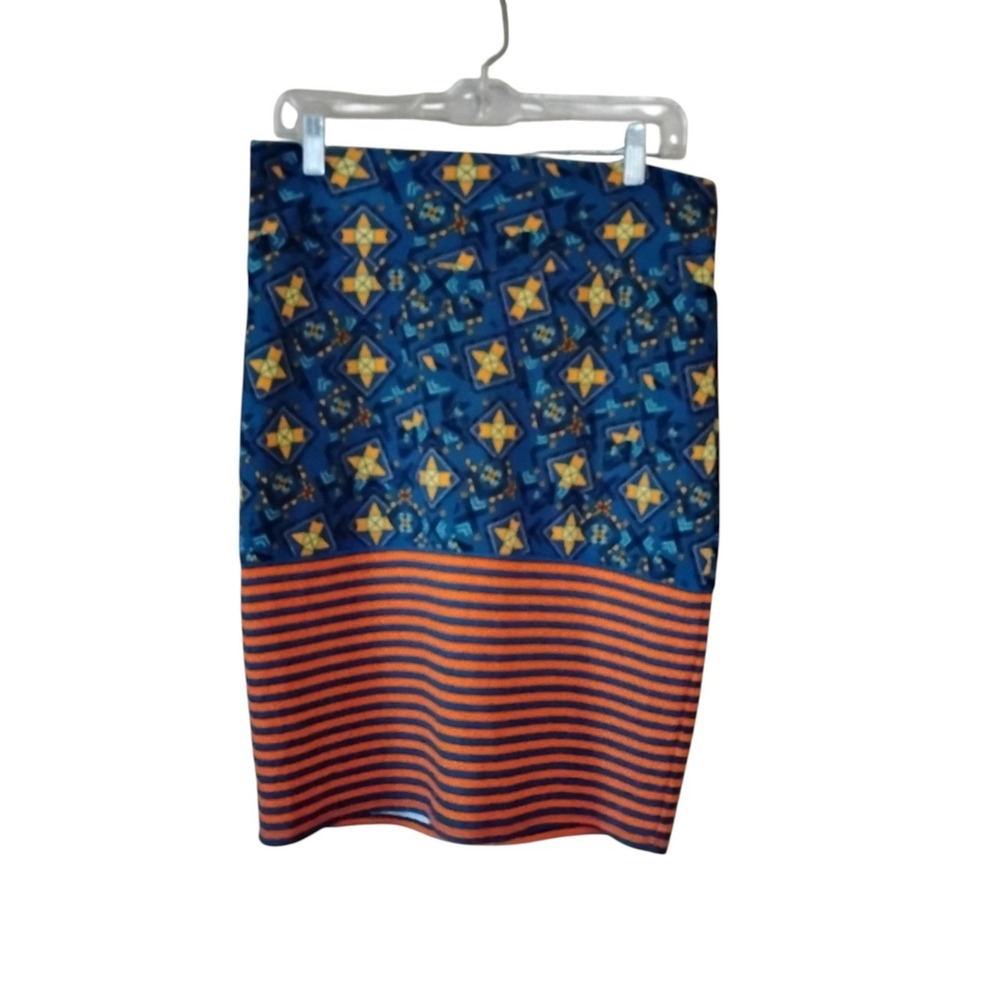 LuLaRoe Cassie Pencil Skirt Large Blue Orange Geometric Striped Knit Bodycon